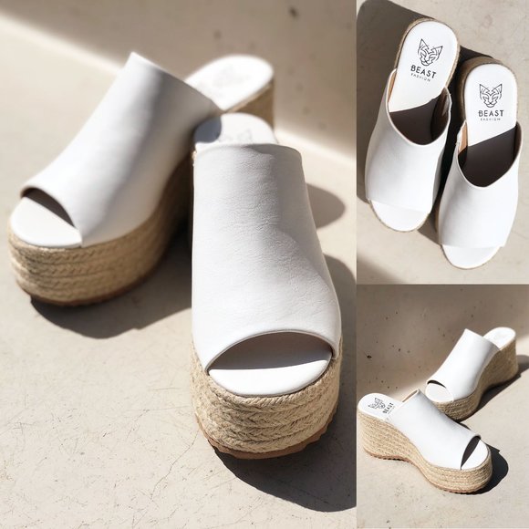NEW White Smooth Faux Leather Espadrilles Chunky Platform Wedge Slides Sandals - Picture 12 of 13